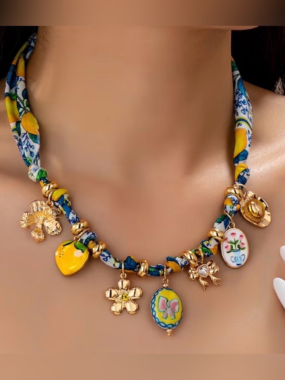 🍋🍋🍋BOGOHO🍋🍋🍋Gold-Tone Lemon & Blue Floral Charm Necklace & Matching Earrings